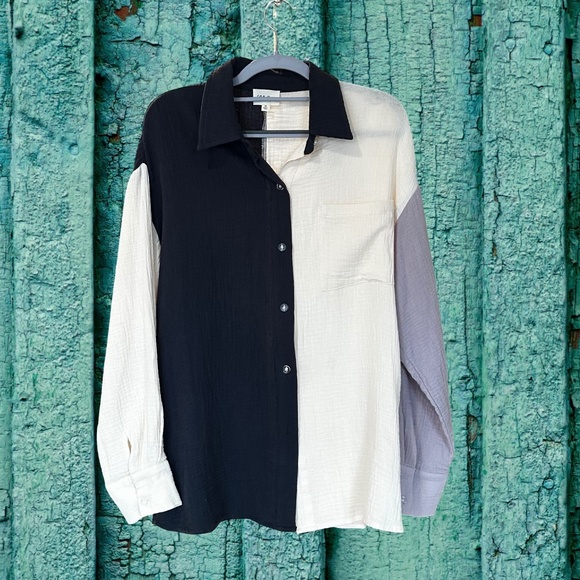 143 Story Women's Button-Up Long Sleeve Gauze Blouse Grey/Cream Med - Picture 12 of 12